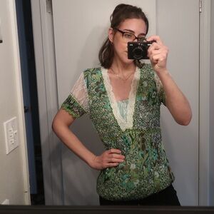 Vintage Lace Crinkle Pleated Floral Print Alberto Makali Sheer Blouse